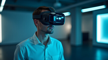 Managing Risk Employee undergoing safety training with virtual reality headset