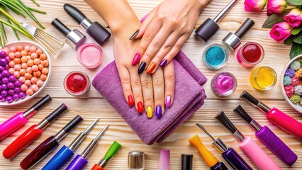 Professional manicure treatment with nail polish application and manicure tools at a beauty salon