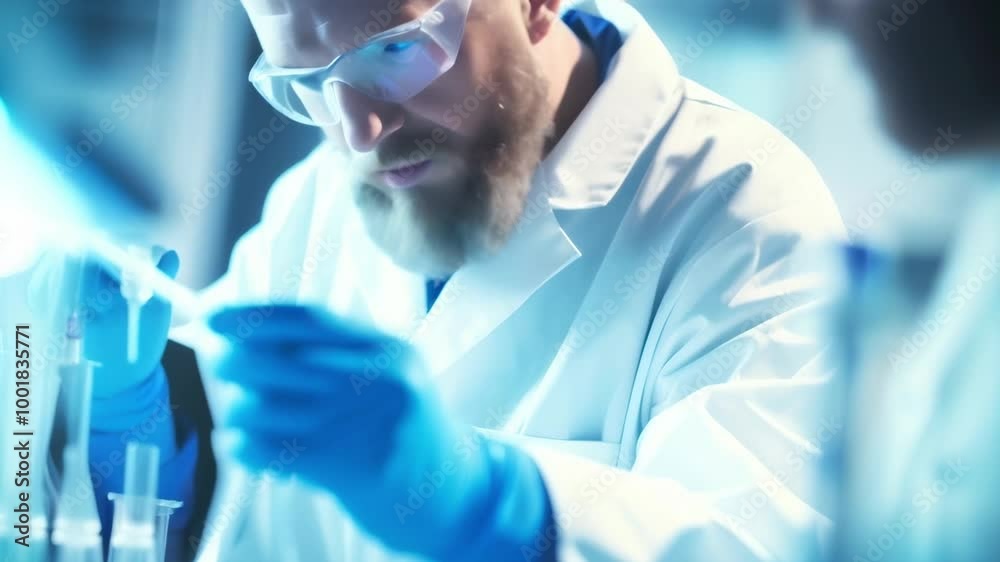 Aufkleber two scientists in lab coats and safety glasses are carefully working with pipettes and test tubes in
