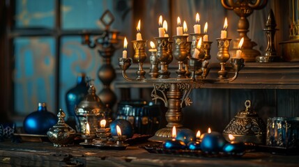 A collection of antique candle holders and other decorative items sit on a wooden table.
