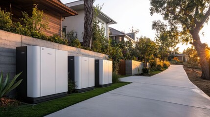 A series of stylish white battery storage units are installed neatly along a garage wall in a modern residential area, promoting clean energy management and sustainability