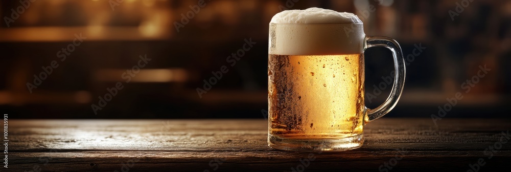 Aufkleber Frothy mug of beer overflowing with foam on a rustic wooden table in a dimly lit pub atmosphere. Generative AI
