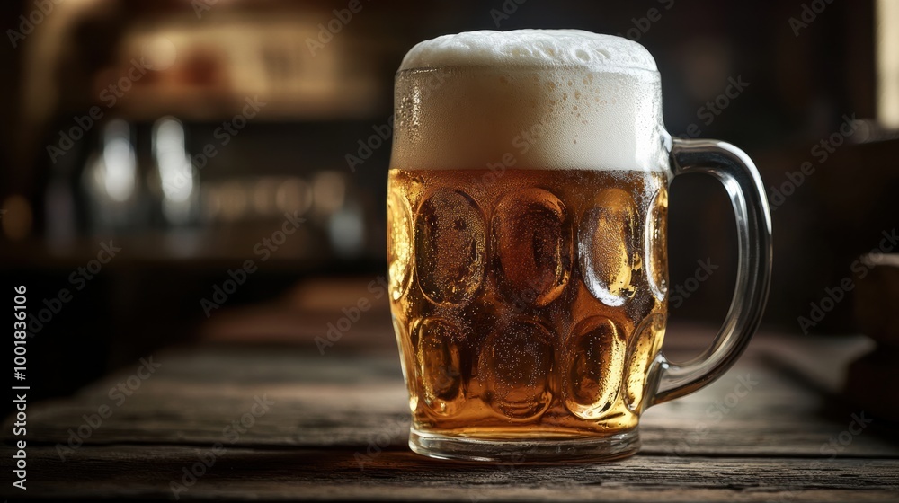 Aufkleber A frothy beer mug overflowing with foam sits invitingly on a rustic wooden table in a cozy pub setting. Generative AI