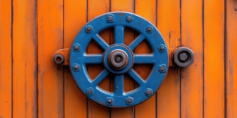 Blue Wheel on Orange Wooden Background