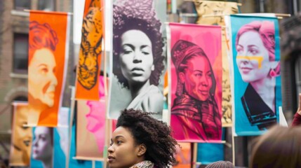 A young woman with curly hair stands in front of a wall of colorful banners featuring diverse women. The banners are a vibrant display of female empowerment.
