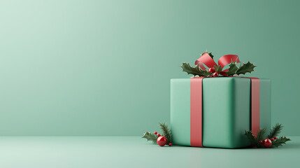 A beautifully wrapped Christmas gift in green with red ribbons and holly decorations, perfect for festive season. serene background enhances holiday spirit.