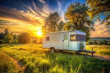 Rustic white trailer in a rural setting surrounded by trees and tall grass on a sunny day