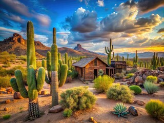 Rustic Wild West Landscape with Desert Terrain, Cacti, and Vintage Western Architecture Elements