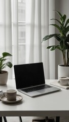 Indoor workspace with laptop, plants, and decorative items