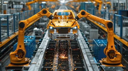 High-tech robotics arm assembling parts on a factory production line 