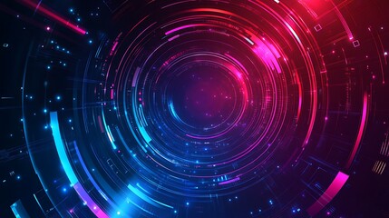 Abstract futuristic background with glowing neon circles and lines in blue and red colors.