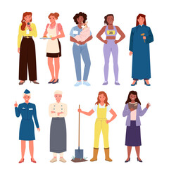 Fototapeta premium Diverse female workers in professional uniform, various strong and confident girls with career as businesswoman and teacher, astronaut cartoon vector illustration. Women of different professions