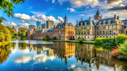 Obraz premium Scenic Landscape of The Hague Featuring Iconic Architecture and Lush Green Spaces Under Blue Sky