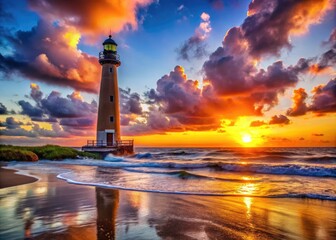 Obraz premium Scenic Lighthouse at New Smyrna Beach with Vibrant Sky and Calm Ocean Waves at Sunset