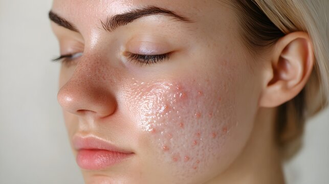 A young woman with acne-prone skin starts a dermatologist-recommended routine Show the transformation from inflamed skin to a glowing, smooth complexion over time
