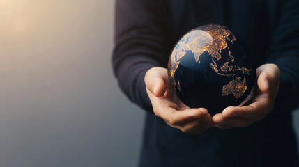 Person holding globe illuminated with city lights, symbolizing global connection and...