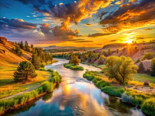 Fototapeta premium Scenic View of Belle Fourche River Flowing Through Majestic Wyoming Landscape During Golden Hour