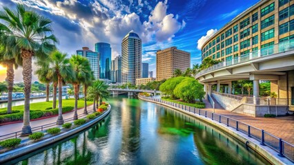 Obraz premium Scenic View of the Tampa Riverwalk with Lush Greenery and Modern Architecture Alongside Waterway