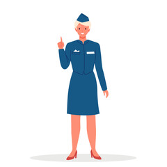 Stewardess standing, pointing finger up. Female young happy flight attendant in professional blue uniform and hat, front portrait of beautiful smiling lady air hostess cartoon vector illustration