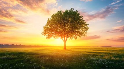 Obraz premium Vibrant landscape of a single tree at sunset in serene open field with golden sunlight and tranquil sky