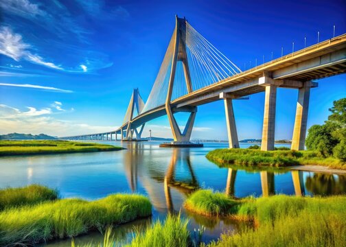 Scenic View of Wando River Bridge with Lush Greenery and Clear Blue Sky in Background