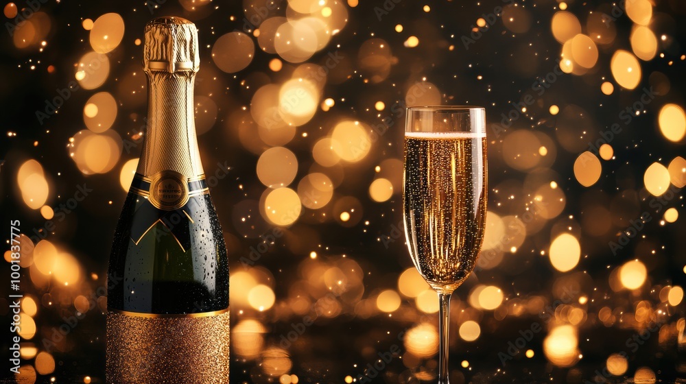 Poster a festive celebration featuring a chilled bottle of champagne and a sparkling wine flute amidst a ba