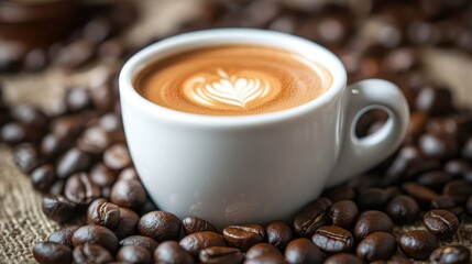 Fototapeta premium Coffee Latte with Heart Design in White Cup on Coffee Beans