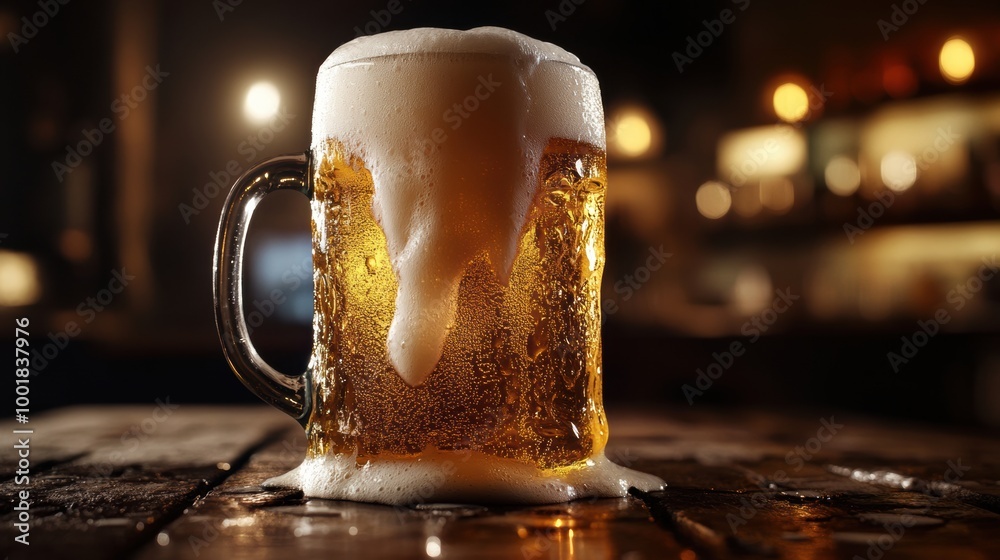 Aufkleber Close-up of a frothy beer mug overflowing with foam on a rustic wooden table in a cozy tavern setting at dusk. Generative AI