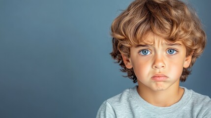 Naklejka premium Sad Boy Portrait Upset Child Looking at Camera