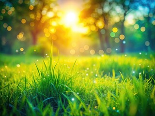 Obraz premium Serene Bokeh Effect on Lush Green Grass in a Tranquil Meadow Under Soft Natural Lighting Conditions