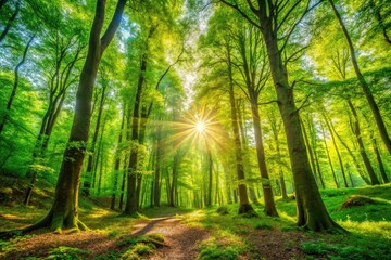 Fototapeta premium Serene Forest Scenery Wallpaper with Lush Green Trees and Soft Natural Light Filtering Through Leaves