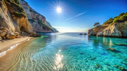 Fototapeta premium Serene Greek Beaches with Crystal Clear Waters and Sunlit Cliffs Perfect for a Summer Vacation Getaway
