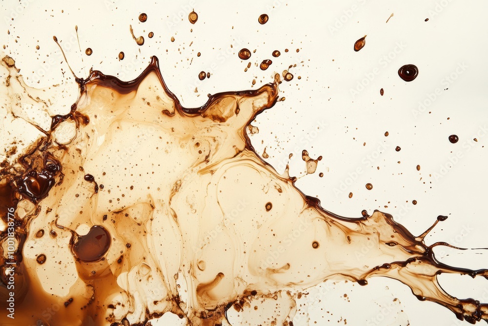 Poster an abstract artistic background featuring spilled coffee stains and splashes on a light surface, rem