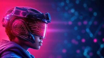 Naklejka premium Futuristic Woman in Neon Lights with High Tech Helmet