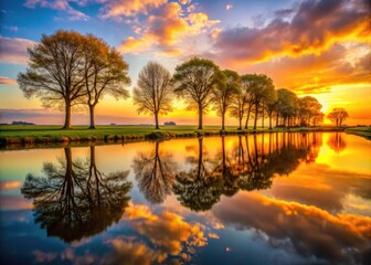 Obraz premium Serene Landscape Bathed in Warm Golden Hour Light with Silhouetted Trees and Tranquil Reflections