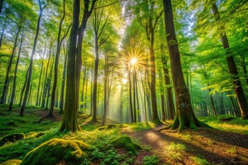 Fototapeta premium Serene Light Dappled Forest Background with Lush Greenery and Soft Sunlight Filtering Through Trees