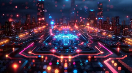 Vector illustration of futuristic technology with robots, AI, and cloud computing icons 