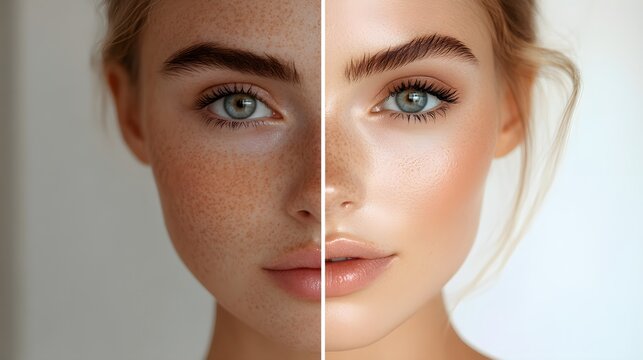 Close-up of a model with acne scars, bare skin under natural lighting, followed by a transformation shot with flawless makeup coverage, soft glam finish