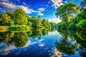 Naklejka premium Serene Reflections of Nature in a Tranquil Water Body Surrounded by Lush Greenery and Sky