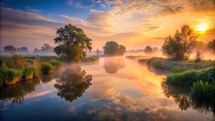 Serene River Enveloped in Misty Fog at Dawn, Creating a Tranquil and Ethereal Landscape Scene