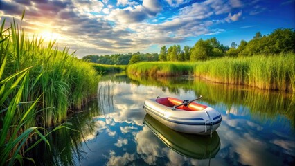 Fototapeta premium Serene Summer Day on a Calm River with Inflatable Boat Surrounded by Lush Green Grass Reeds