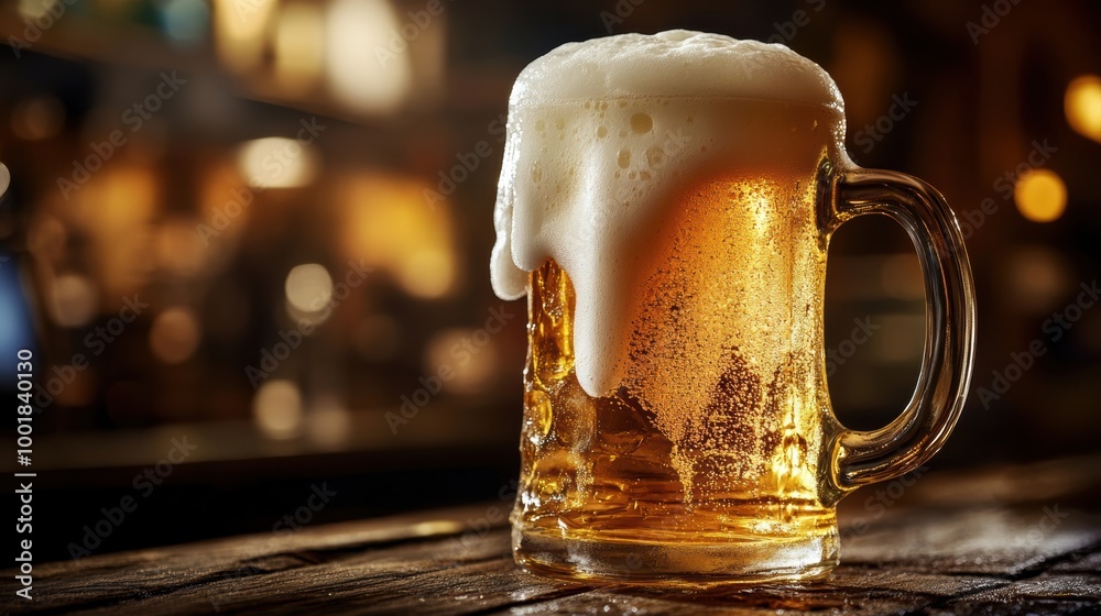 Aufkleber Frothy beer mug overflowing with foam on a rustic wooden table, perfect for a cozy gathering in a local pub setting. Generative AI