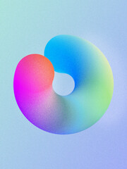 3d render. Abstract geometric round shape colored with pastel neon colors. Simple icon isolated on plain blue background. Poster with grainy film noise effect