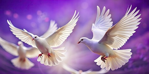 Obraz premium Serene White Doves in Flight with Soft Lilac Background for Wedding or Funeral Service Invitations
