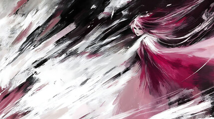 Crimson Spirit: A captivating abstract painting depicting a woman with long flowing red hair, rendered in bold strokes of crimson, black, and white.