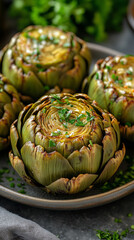 Delicious Roman Artichokes (Carciofi alla Romana) Simmered with Garlic and Herbs on a Rustic Plate