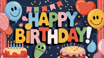 Obraz premium Text Happy Birthday with Colorful Balloons and Confetti