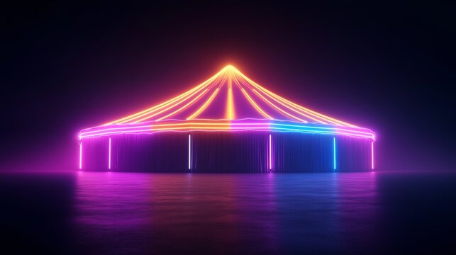 Colorful neon-lit tent illuminated against dark background at night showcasing vibrant light display and reflections on the water surface.