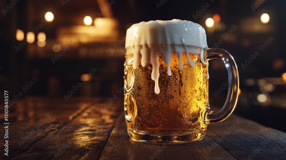 Poster A frothy beer mug brimming with foam, resting on a rustic wooden table in a warm, inviting pub setting at night. Generative AI