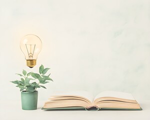 The glowing light bulb floats serenely above an open book, watercolor textures blend knowledge and imagination in soft pastel tones, evoking peace and inspiration